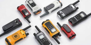 Vários rádios PMR446 comunicadores Motorola de diferentes modelos e cores, organizados sobre uma superfície branca.
